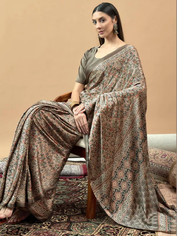Green_Traditional_Ajrakh_Print_Semi_Modal_Silk_Saree_740006